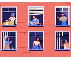 Apartment building with people in open window spaces