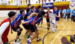 Macdonald-Cartier players celebrate their boys Sr. A volleyball championship win Saturday at GHS. PHOTOS Mark Clairmont MuskokaTODAY.com