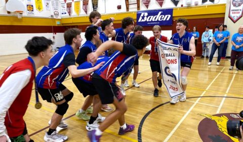 Macdonald-Cartier players celebrate their boys Sr. A volleyball championship win Saturday at GHS. PHOTOS Mark Clairmont MuskokaTODAY.com